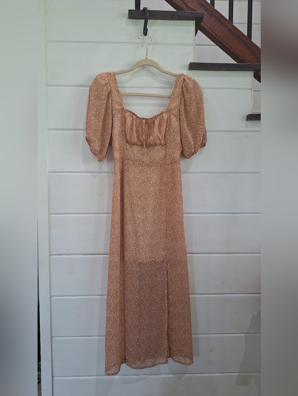 Sienna Sky Peach Printed Maxi Dress with Puff Sleeves